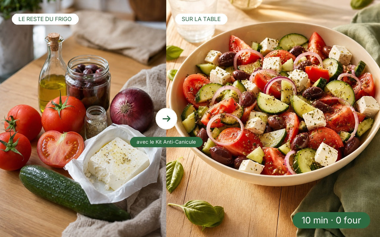 Le reste du frigo à gauche — quelques minutes plus tard, la salade grecque XXL servie sur la table, sans cuisson.