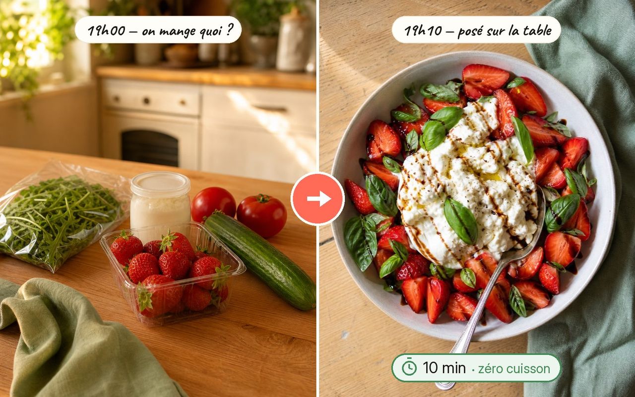 Avant : 19h, rien n'est prêt, il fait trop chaud pour cuisiner. Après : 19h10, la salade fraises-burrata est posée sur la table — 10 minutes, zéro cuisson.