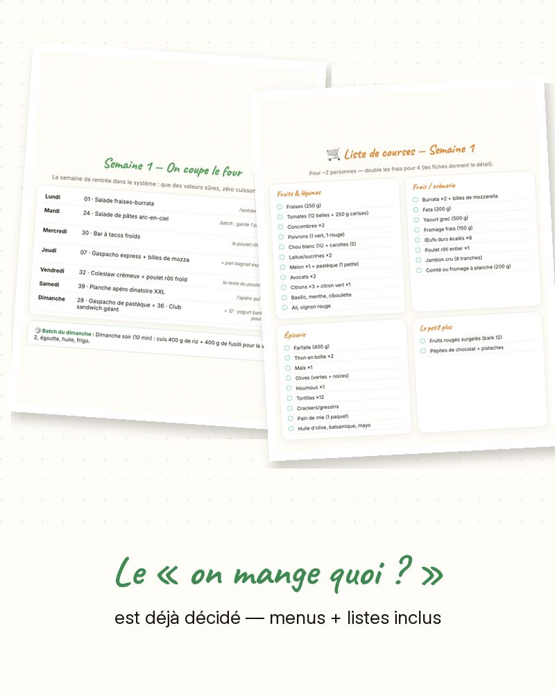 Les vraies pages menus de la semaine et liste de courses du livre