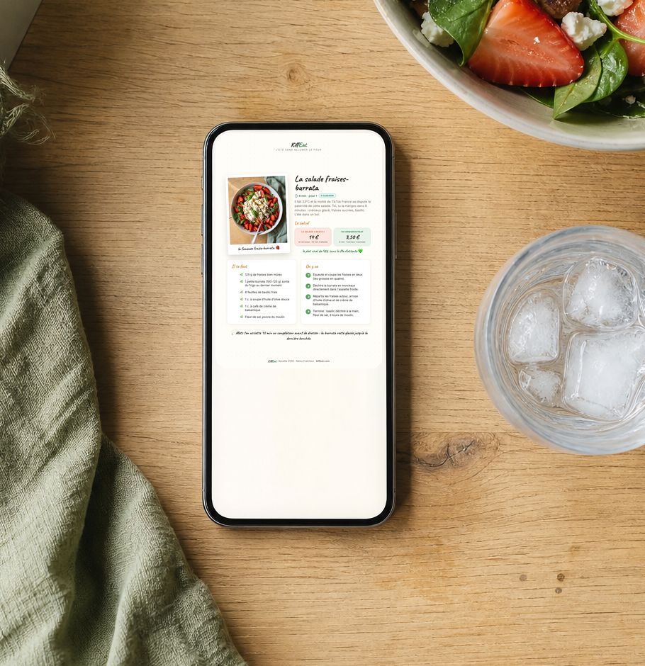 Le PDF ouvert sur un téléphone posé sur le plan de travail, à côté d'une salade fraîche