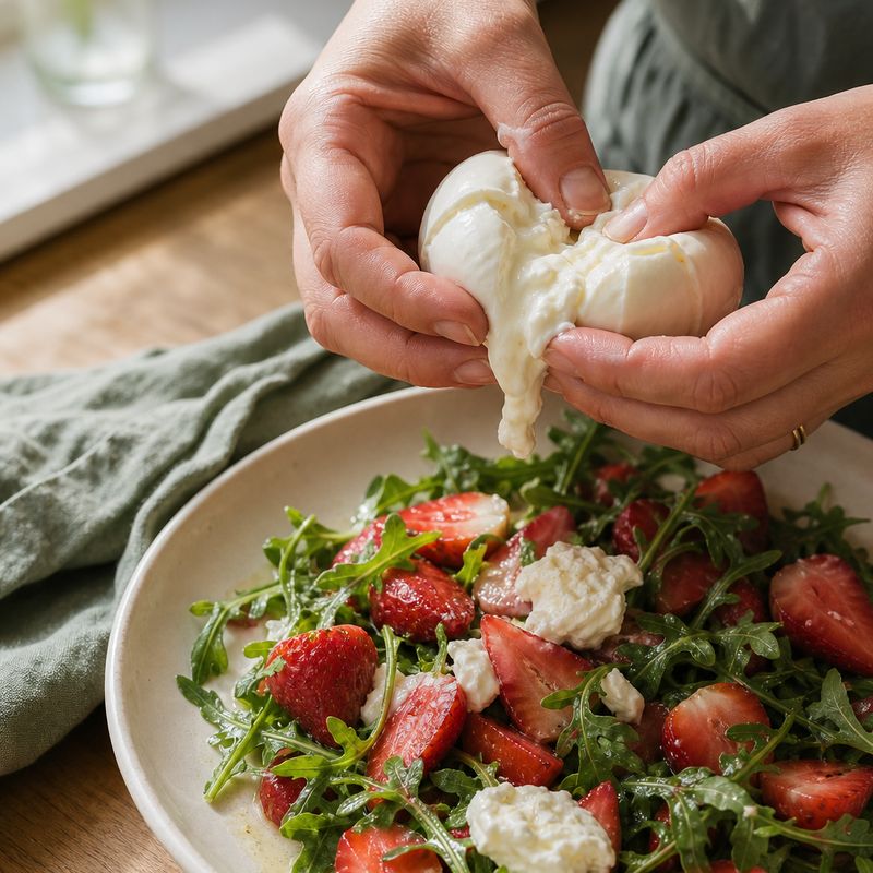 Les mains de Solène déchirent une burrata au-dessus de la salade fraises-roquette