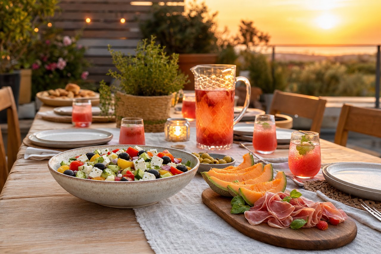 Une tablée d'été dressée en terrasse au coucher du soleil : salade grecque, gaspacho, planche apéro et limonade fraîche
